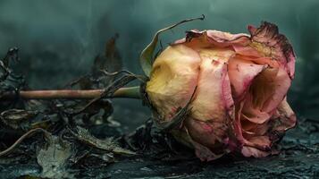 Dried rose with wilting petals on dark background representing lost beauty and sadness photo