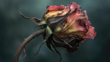 Close-up of a withered rose showing petals and leaves in decay photo