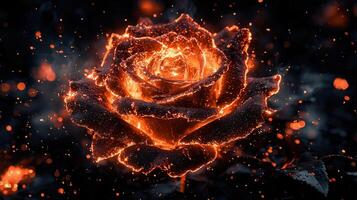 Glowing black rose with fiery sparks in dark background photo