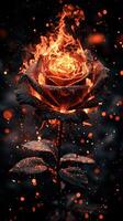 Glowing rose with fiery flames and sparkling particles on dark background photo