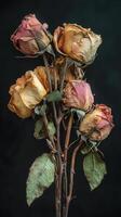 Dried roses bouquet with earthy tones and green leaves set against a dark background photo