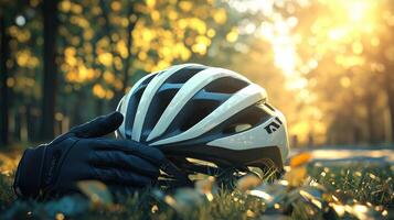 Cycling helmet resting on grass amidst autumn sunshine and fallen leaves photo