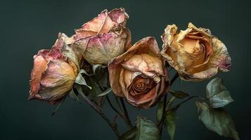 Dried roses bouquet with soft color palette and muted green background photo