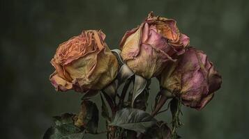 Dried rose bouquet with faded petals against a dark green background photo