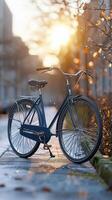 Vintage blue bicycle on a pathway with sunlight at dawn photo