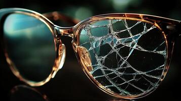 Close-up of broken sunglasses with cracked lens reflecting light photo