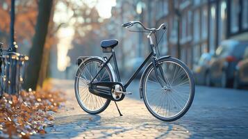 Classic black bicycle parked on cobblestone street surrounded by autumn leaves photo