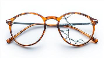 Broken vintage round glasses with cracked lens in tortoiseshell frame photo