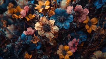 Vibrant mix of blue, yellow, and orange flowers with dark background for artistic display photo
