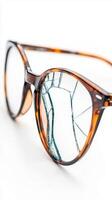 Broken glasses with cracked lens on white background highlighting damage to eyewear photo