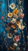 Colorful dried flowers hanging against a blue background in a vintage style arrangement photo