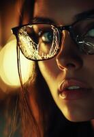 Close-up portrait of a woman with glasses reflecting lights creating artistic bokeh effects photo