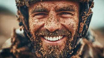 Close-up of a joyful male soldier with a muddy face and a helmet, showcasing a beaming smile photo