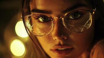 Close-up portrait of a young woman with glasses and freckles against a blurred backdrop photo