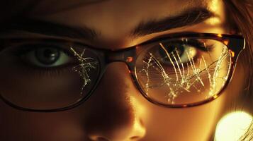 Close-up portrait of a woman with scratched glasses and intense gaze photo