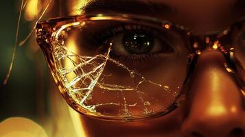 Close-up of a woman's eye reflected in broken glasses with glowing lights photo