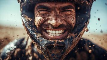 Joyful motocross rider covered in mud smiling during an exhilarating dirt bike race photo