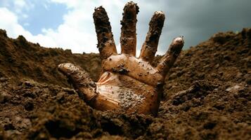 Hand emerging from soil surrounded by earth and rocks in a dramatic sky photo