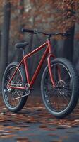Red fat tire bicycle on autumn leaves in a forest setting photo