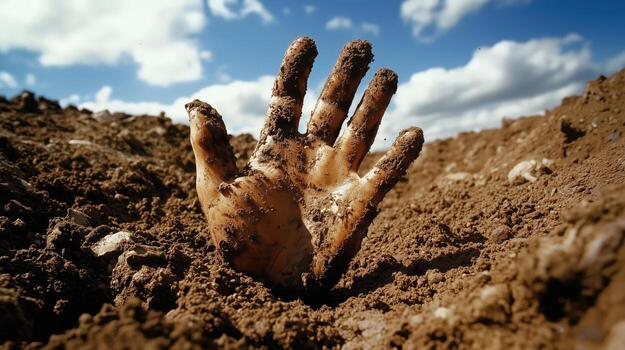 Abstract concept of a dirty hand emerging from the soil against a blue sky with clouds photo