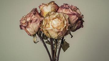 Dried and withered roses in vintage colors on a neutral background photo