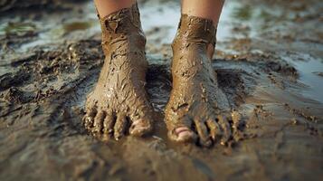 Bare feet covered in mud standing on wet ground during outdoor activities photo