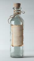 Glass bottle with cork and blank aged paper label tied with string photo