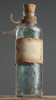 Vintage glass bottle with twine and blank label on rustic surface photo