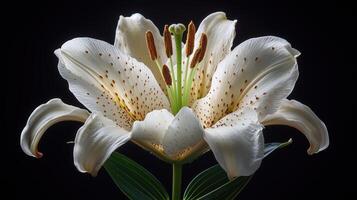 Close-up of a white lily flower with yellow and brown speckles on dark background photo