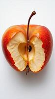 Sliced red apple showing interior with seeds and textured skin on a white background photo