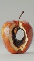Decay of an apple with a beetle inside. Close-up photography of a rotten fruit photo