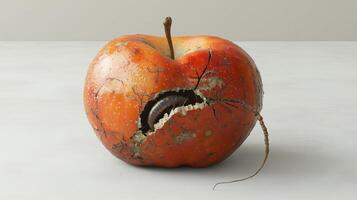 Cracked red apple with insect inside surrounded by exposed pulp and cracks photo