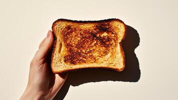 Hand holding a slice of burnt toast with golden brown edges against a light background photo