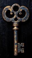 Antique decorative key with ornate design on dark background photo