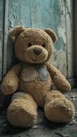 Abandoned teddy bear sitting against a distressed wall in an empty room photo