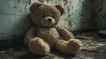 Abandoned teddy bear in a dilapidated room with peeling walls and debris on the floor photo