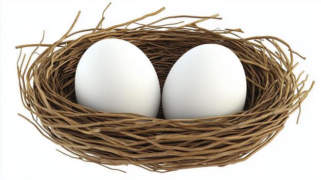 Two white eggs nestled in a natural twisted vine nest photo