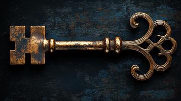 Vintage ornate key with intricate design on dark textured background photo