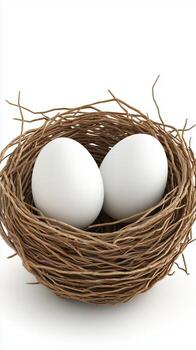 Two white eggs in a natural twigs nest on a white background photo