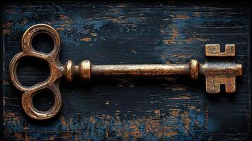 Antique key on textured blue and black background photo