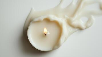 Single white candle with melting wax on white background photo