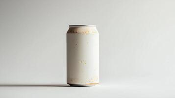 Empty white aluminum can with slight rust and dust on a minimalistic background photo