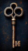 Vintage decorative key with intricate design on a dark metallic background photo