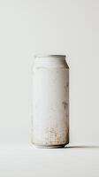 Worn white aluminum can with rustic texture on a minimalist background photo