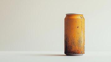 Damp and rusty orange soda can with water drops on white background photo
