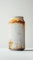 Rusty metal can on white background with distressed texture and grunge detail photo