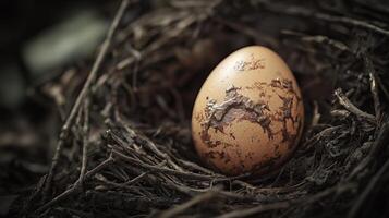 Close-up of a speckled brown egg resting in a nest made of twigs and dry grass photo