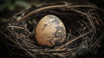 Close-up of a speckled egg nestled in a natural nest surrounded by twigs and dried grass photo