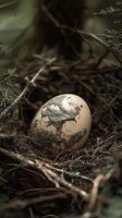 Single bird egg in a natural nest surrounded by twigs and greenery photo