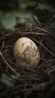 Close-up of a brown egg in a nest surrounded by twigs and leaves photo